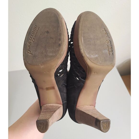 Paul Green Black Laser Cut Bootie Ankle Boots High Heels US 6.5 Peep Toe Suede - Picture 5 of 7